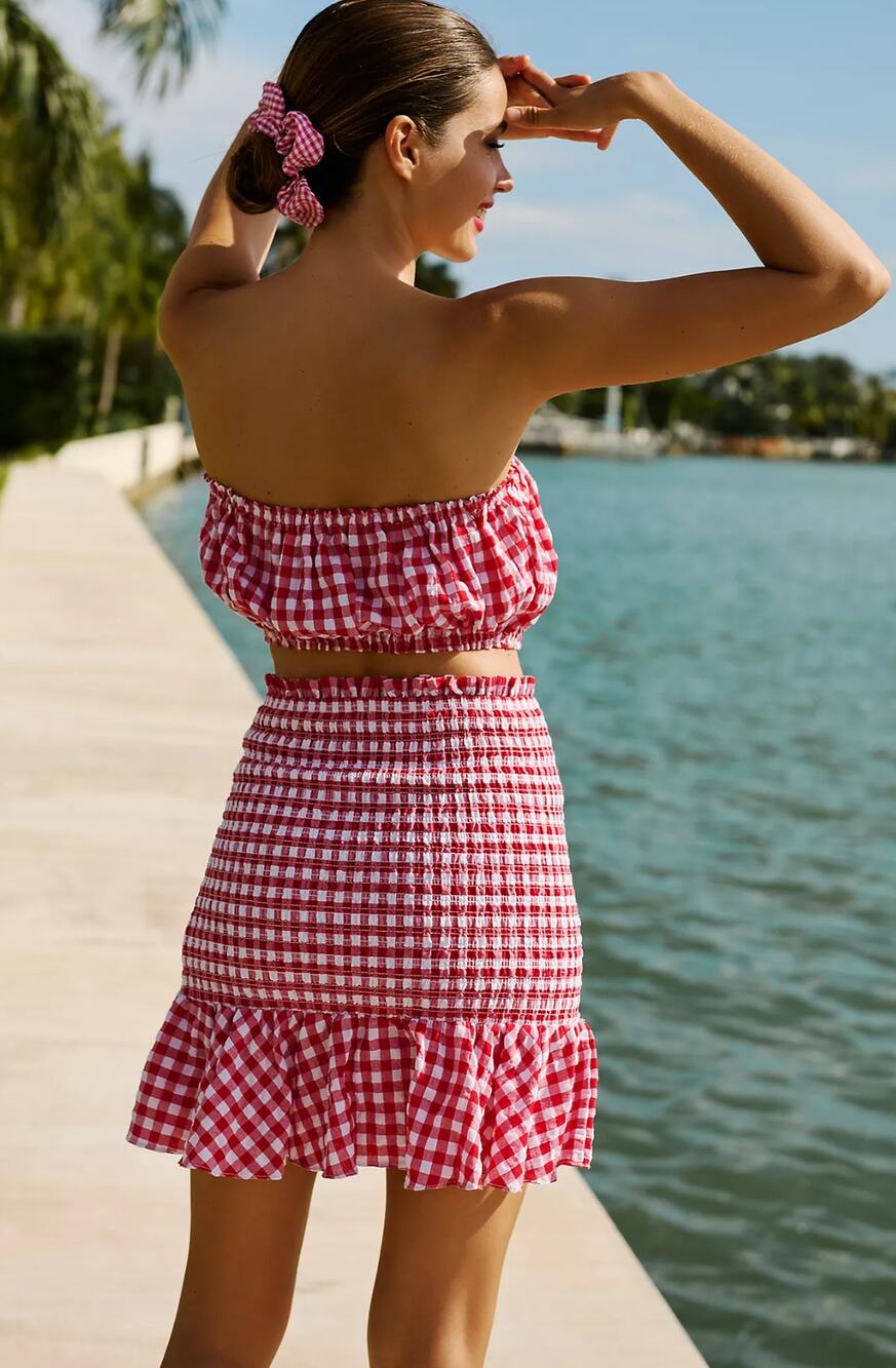 New Anthropologie MABLE Red White Gingham Smocked Skirt Set - Size Large